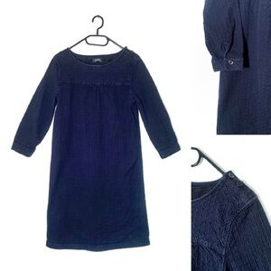 A.P.C. Robe Blue Textured Cotton Stretch Gathered Yoke 3/4 Sleeve Dress Size S